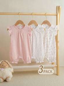 Souflis Souflis French New Style Baby Girl 3 Pieces Set Summer Romper Shorts, Cute Rabbit Pattern, Ruffled Sleeves & Hem, Casual Everyday Wear - Multicolor - View 2