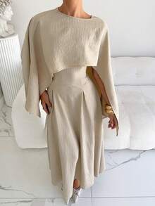 Siren Gaze New Solid Color Round Neck Elegant Poncho Dress For Women Modest Dress Classy Dress Long Sleeve Elegant Dress - Apricot - View 6