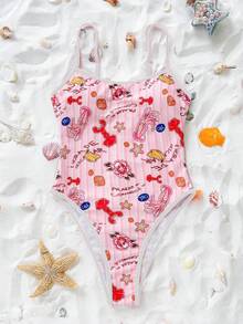 Swim Mod 粉色夏季可愛海灘度假女款連身泳衣，海洋生物印花撞色細肩帶高衩三角泳褲泳裝 - 彩色 - 查看 7