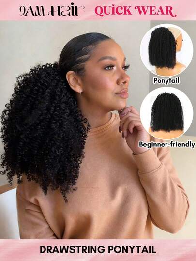 QUICK WEAR Black Afro Kinky Curly Human Hair Ponytail Extensions Clip In Drawstring Ponytail Human Hair Extensions VOLUMIZED Drawstring Jerry Curly Ponytail Extension For Women Remy Hairpiece Pony Tail For Women 9AM Hair Sport Vacation Travel Festival Prom Outdoor Cosplay Campus School Beach Wedding Camping Holiday Outfits Summer Outfits Vacay Vibes Charm Elegant Casual Y2k Fashion Styles Ss25 Keywords