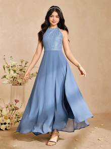 SHEIN Teen Girl Contrast Lace Side Slit Hem Elegant Halter Neck Party Dress - Dusty Blue - View 1