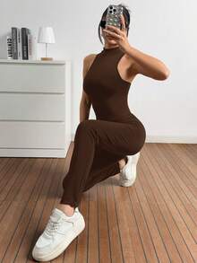 SHEIN EZwear 棕色针织无缝无袖连体裤 - 棕色 - 查看 6