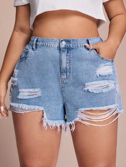 SHEIN CURVE+ Quần short denim rách màu xanh dương dành cho nữ cỡ lớn