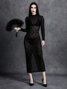 Glisette Women's Stand Collar Sexy Waist Cinched Midi Dress For Dates & Parties - Black - View 5