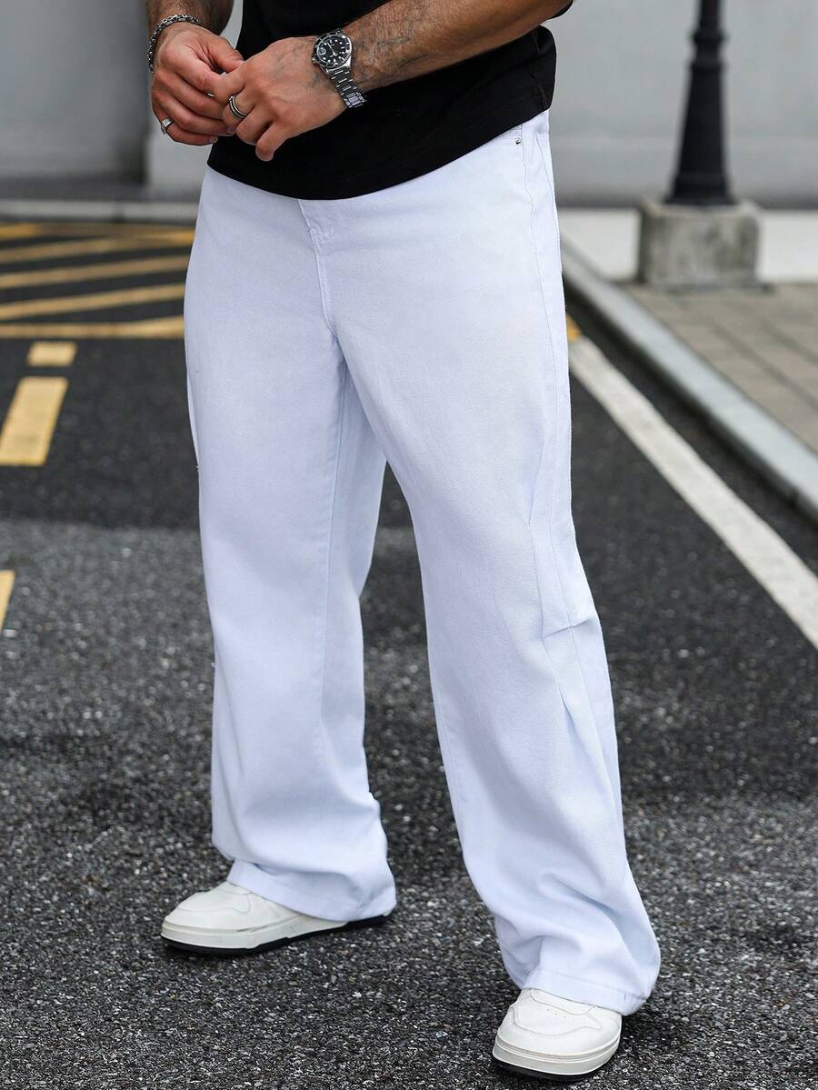 Manfinity Homme 男士休闲简约白色斜插口袋牛仔裤，四季皆宜 - 白色 - 查看 1
