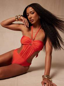 NYA SZN Swim One Piece Swimsuit Beachwear Beach Tropical Gold Hardware Easter St. Patricks Day Brunch Casual Everyday Going Out Party Special Occasion Travel Vacation Office Siren Western Country Date Night Elegant Luxury Outfits For Women - Orange - View 3