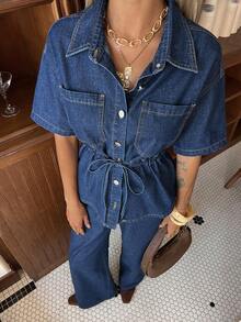 DAZY Women's Casual Washed Waist Belt Pocket Shirt And Wide Leg Jeans Set, Spring/Summer - Dark Wash - View 5