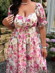 Lyrianda Plus Size Elegant Floral Print Cutout Dress, Spring/Summer - Multicolor - View 4