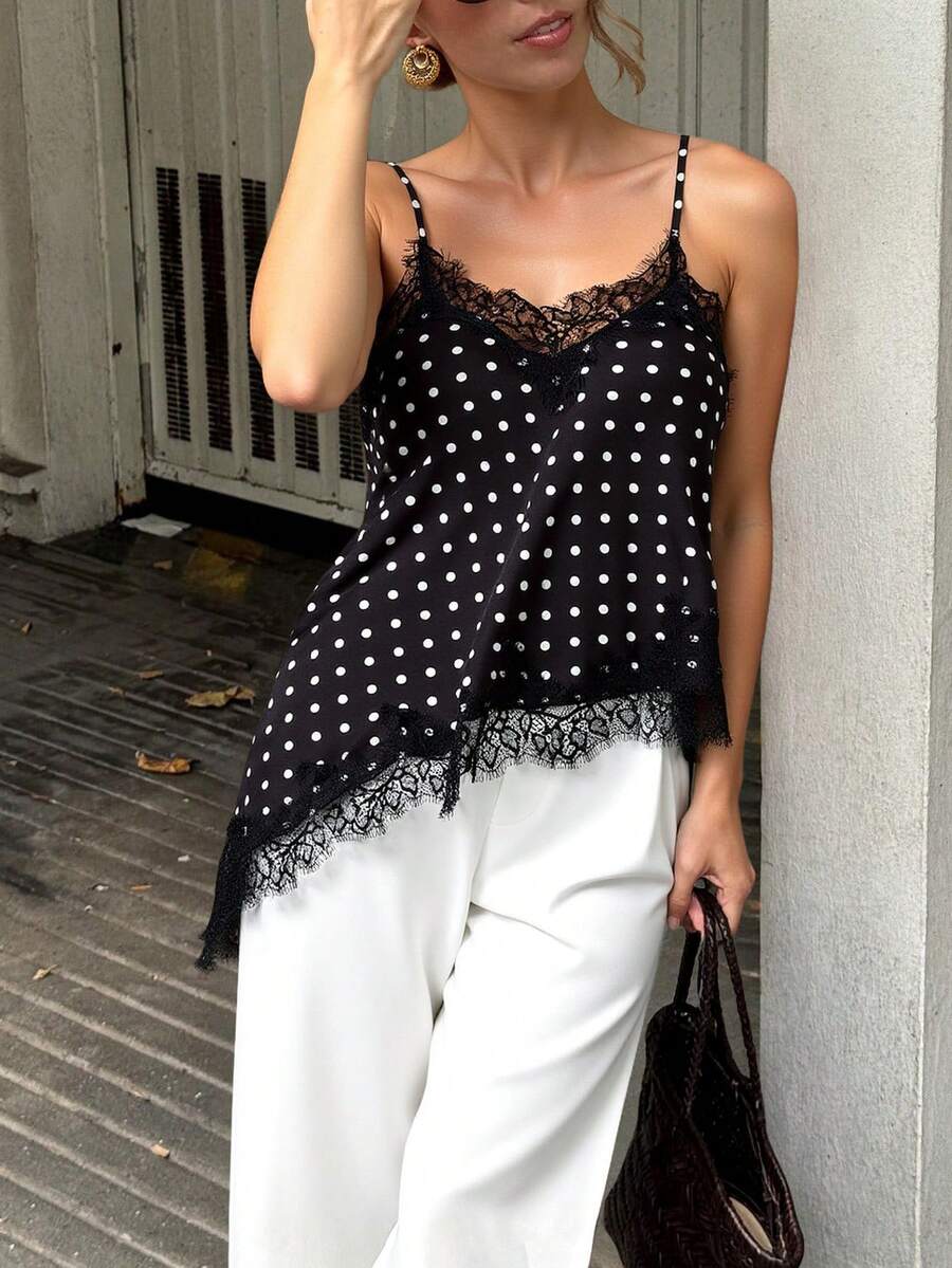Briarwyn Summer  Women's Contrast Lace Stain Polka Dot Print Asymmetric Hem Fashion Camisole,Valentine Outfits For Women ,Polka Dot Top - Multicolor - View 1