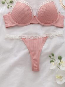 女士内衣套装，粉色无钢圈文胸，提拉侧支撑，清新可爱设计 - 粉色 - 查看 6
