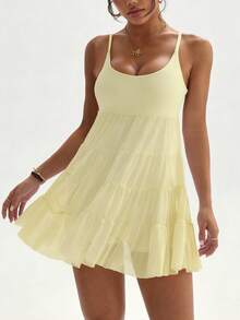 Dewbera 女士无袖运动连衣裙，配有可拆卸衬垫胸罩、网纱裙摆和带口袋的短裤，适合休闲穿着、跑步、瑜伽、健身、网球和高尔夫等运动。 - 黃色 - 查看 4
