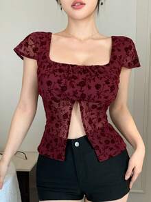 DAZY 女士优雅花卉植绒网纱开衩上衣，夏季 - 紅色 - 查看 7