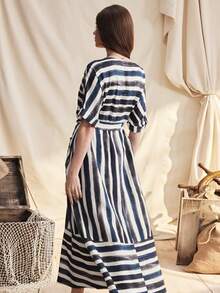 Zovinel Đầm kẻ sọc cổ chữ V mới cho nữ, thích hợp cho kỳ nghỉ xuân/hè. - Xanh và trắng - Xem 2