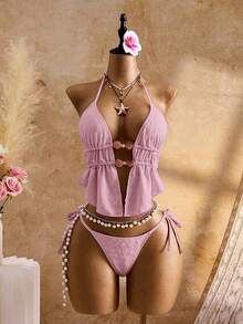 Bellisia Women's Summer Vacation Beach Textured Halter Tankini Set - Purple - View 3