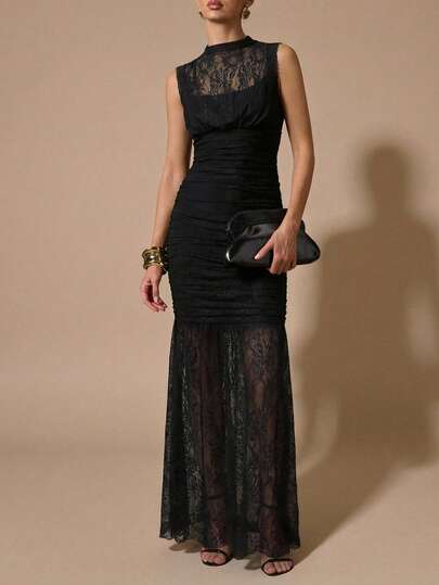 SHEIN BAE Women's Elegant Contrast Lace Ruffle Sleeveless Dress, Summer,Suitable For Romantic Dates, Parties, Formal Gatherings,Bridesmaid Dresses, Women's Summer Dress, Tea Party Dress