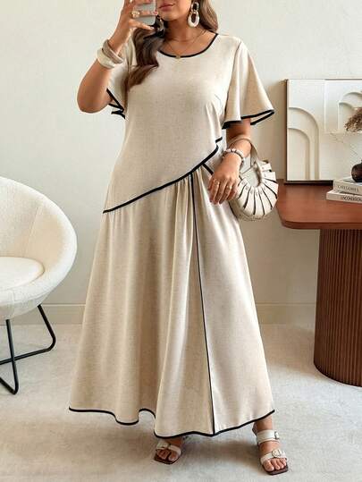 Ceyna 大码女式荷叶边圆领短袖宽松连衣裙