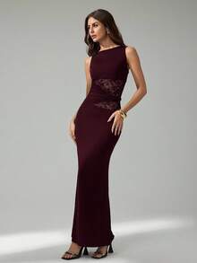 SHEIN Tall Damen Schwarzes Elegantes Spitzen-Stich Lange Kleid, Elegante Damenkleider, Partyoutfits, Neujahrsoutfit, Neujahr, Sommer, Große Frauen - Rot-violett - Übersicht 3