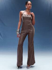 Normani Contrast Trim Faux Leather Halter Jumpsuit - Mocha Brown - View 4
