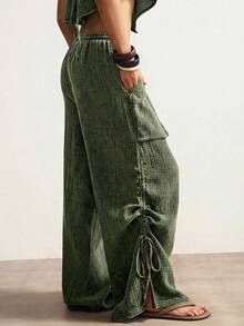 Bohemela 女士休闲纯色梭织宽松阔腿水洗裤 - 墨綠色 - 查看 6