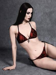 ROMWE 2026SS New Women's Red Floral Summer Goth Beach Party Swimwear Set,Elegant Vintage Black Lace & Red Gothic Bikini With Cross Charm,Bathing Suit - Multicolor - View 6