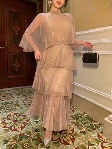 DAZY 女士立领网纱优雅派对中长蛋糕裙 - 香檳色 - 查看 4