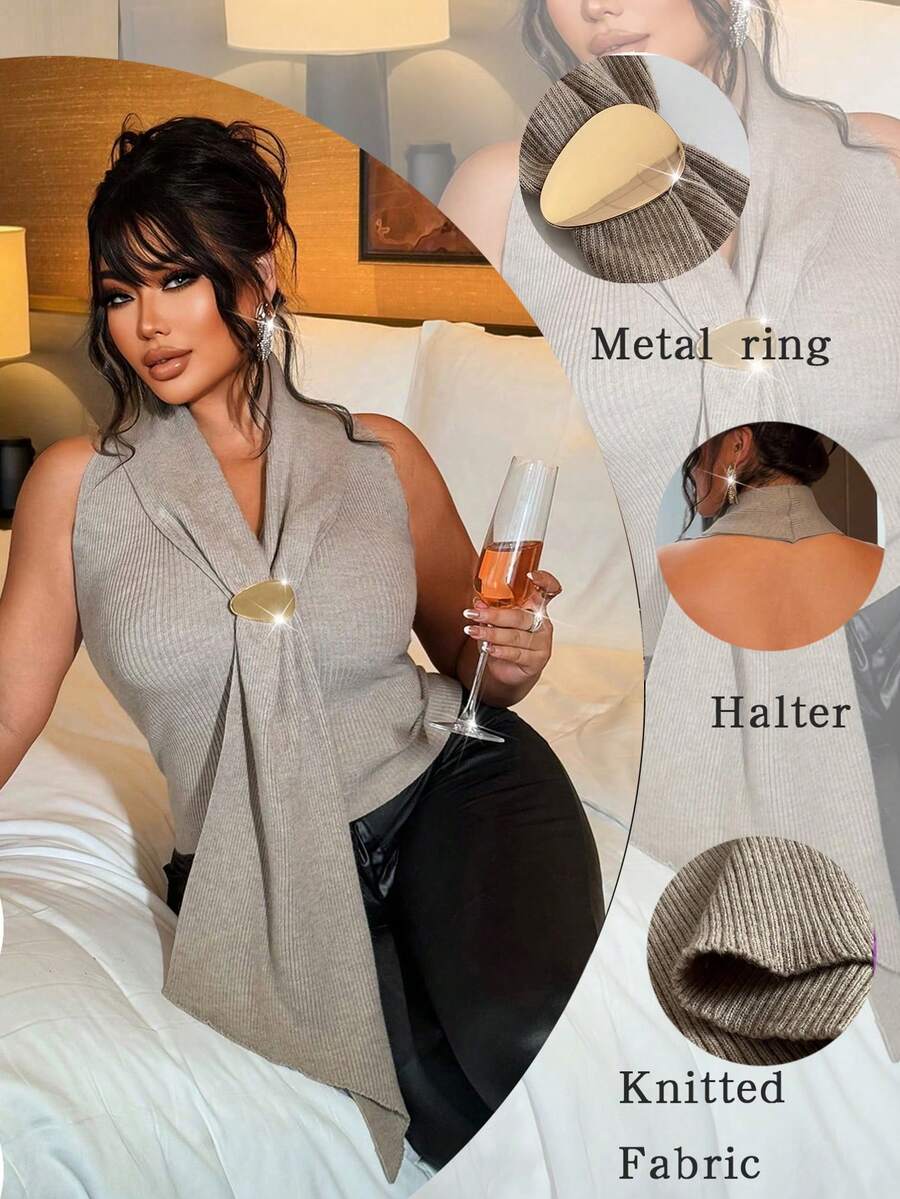 NU&NOW 女士简约优雅性感度假休闲奢华情人节日常高端设计卡其色无袖吊带针织背心，饰有飘逸的缎带和金属扣，露背修身剪裁，尺码齐全，适合单穿或叠穿，是约会、派对、春夏秋冬的理想之选。 - 卡其色 - 查看 1