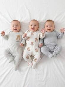 Souflis Souflis Pyjamas pour bébé nouveau-né - Combo de 3 pièces, style classique et adorable unisexe avec éléments populaires d'ours et de rayures, tons neutres gris, barboteuses à pieds pour le port quotidien toute saison. Vêtements unisexes pour nouveau-né, vêtements de bébé neutres - Multicolore - Voir 4