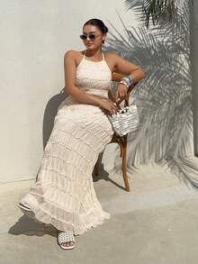 Dazy Plus Chiffon Mesh Sexy Lace-Up Backless Dress, Vacation Style, White - White - View 4