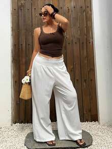 Dazy Plus 弹力修身撞色蕾丝蝴蝶结装饰性感简约露脐吊带背心 - 卡其色 - 查看 6