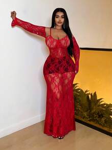 Slaydiva Đầm maxi đuôi cá ren đỏ xếp ly thắt nơ, kiểu dáng mới, hợp xu hướng mùa thu, thích hợp cho buổi hẹn hò lãng mạn, sinh nhật, tiệc cocktail, tựu trường, phong cách sinh viên, thường ngày, du lịch biển. Có size lớn. - Đỏ - Xem 5