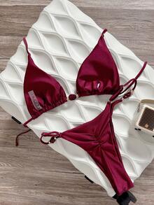 Swim Vcay 春夏纯色三角无钢圈露背吊带上衣和可调节泳裤女士沙滩度假休闲比基尼套装 - 酒紅色 - 查看 4