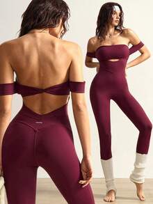 VARSIVA 纯色露肩镂空休闲修身连体裤 - 酒紅色 - 查看 3