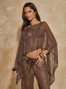 SHEIN BAE 女士闪亮奢华度假罩衫，适合海滩、朋友聚会、沙滩罩衫、比基尼罩衫、音乐节罩衫，尽显迷人风采。 - 棕色 - 查看 1