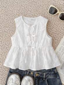 SHEIN Blusa sin mangas con lazo delantero de jacquard texturizado para niñas preadolescentes, casual y de uso diario para vacaciones - Blanco - Ver 3