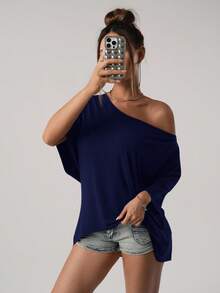 SHEIN ICON 美式休闲街头风宽松不对称肩部T恤，纯黑色 - 藏蓝色 - 查看 3