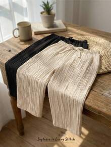 Cozy Pixies 2 piezas Pantalones anchos de pierna suelta con textura arrugada para niña/niño, pantalones rectos, pantalones casuales versátiles, múltiples piezas, estilo de vacaciones - Multicolor - Ver 2