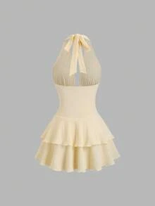 Sweetra 优雅的棕色金属扣装饰露背荷叶边短裙，适合新年派对 - 黃色 - 查看 2