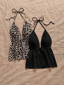Soleia 两件套休闲豹纹和纯黑色露背系带吊带上衣套装，适合春夏海滩穿着。 - 彩色 - 查看 3