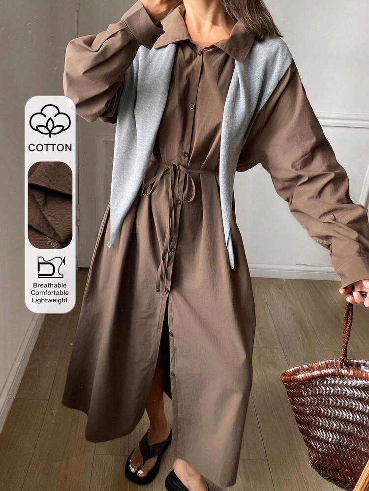 Women's Loose Solid Color Lapel Long Sleeve Long Belted Casual Elegant Shirt, Spring/Autumn