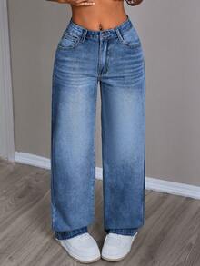 SHEIN PETITE Women's Casual Everyday Washed Slant Pocket Loose Straight Leg Jeans - Medium Wash - View 4