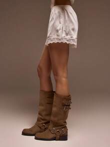 MUSERA Elasticated Satin Pull On Lace Trim Shorts Cute Summer Vacation Boho Cute Sunday Best Valentines Day Pants Spring Holiday - White - View 4