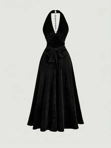 SHEIN MOD Women's Solid Color Halter Midi Dress - Black - View 6