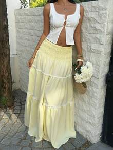 Sunnyshic Women's Yellow Low-Waist Lace Trim Skirt, Elegant Romantic Sweet Girly Style For Beach, Casual, Holiday, Daily Wear, School, Spring/Summer - Yellow - View 6