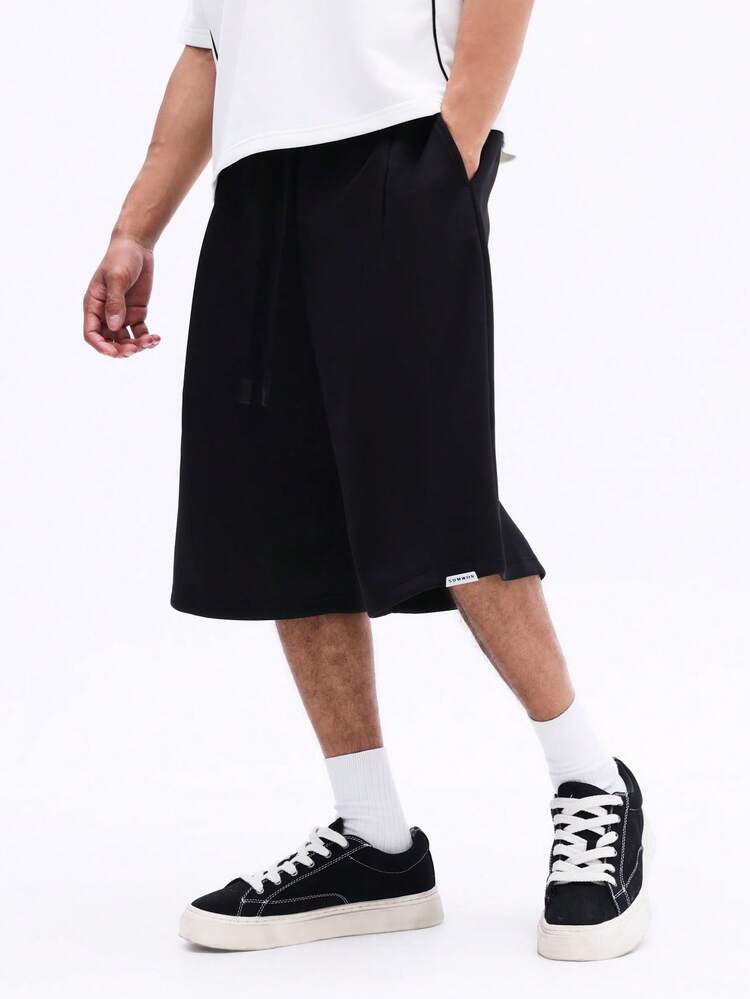 SUMWON Men's Neoprene Wide Leg Pleated Jorts Knee Length Casual Denim Shorts With Front Pockets Streetwear Fashion