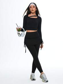 Eassivo Women's New Pilates Running Training Yoga Top, Spring/Summer Design With Mesh Patchwork Asymmetric T-Shirt - Black - View 3