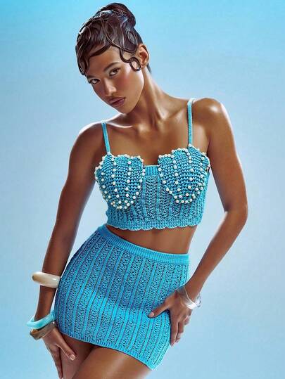 Swim SXY Swim Chiccia 钩针编织仿珍珠贝壳细节修身迷你裙和针织上衣泳衣两件套，可爱性感的伊比沙岛 Y2K 海洋风吊带露脐上衣和超短裙，优雅波西米亚风罩衫，适合夏季海滩度假