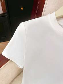 GlowEve Women's Fashion Round Neck Embroidered Pattern Ruched Waist Asymmetric Hem Short Sleeve Casual, Vacation, Party T-Shirt, Spring/Summer - White - View 4