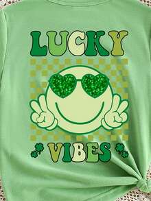Young Girl Casual Cute Cartoon Face,Plaid,Clover,Glitter Heart Letter Print Short T-Shirt,Comfortable Summer School Daily Wear - Green - View 3