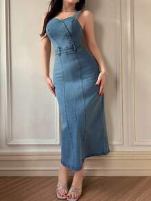 女士休闲水洗无袖开衩牛仔连衣裙，夏季，婚礼宾客礼服 - 藍色 - 查看 8