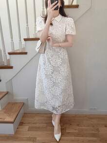 FRIFUL Vestido largo ajustado con cintura acampanada de unicolor, versátil para primavera y verano - Beis - Ver 4